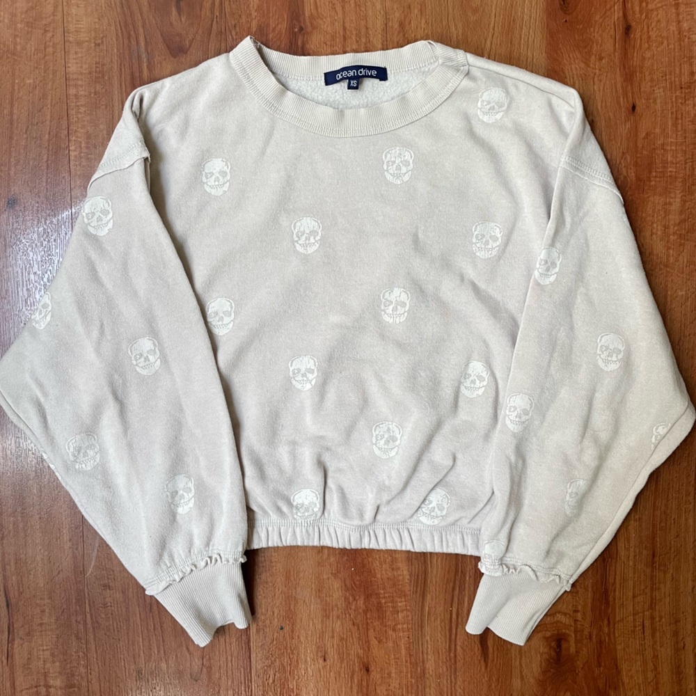 Ocean Drive Skull Halloween Spooky Preppy CREWNECK Cropped Sweater Size XS